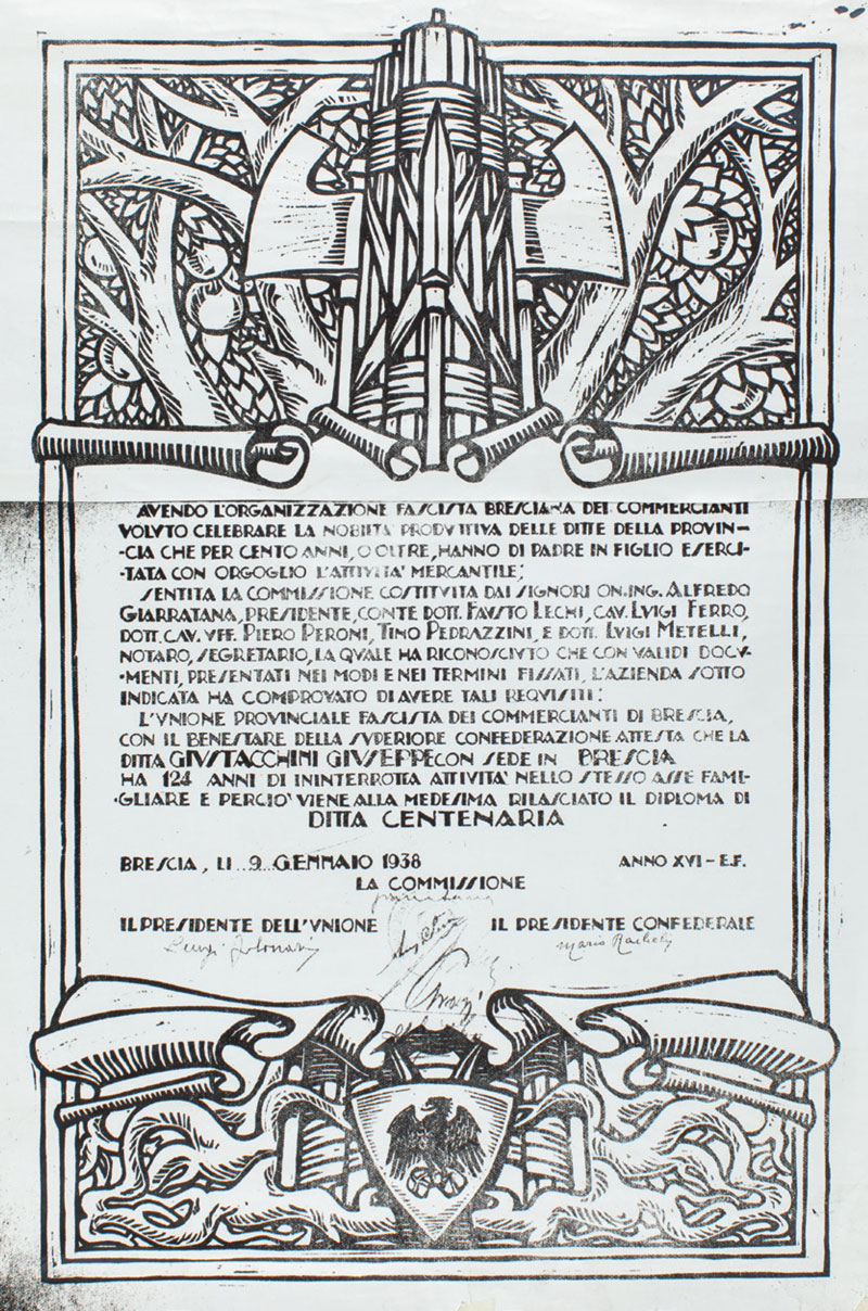 Diploma di Ditta Centenaria assegnata alla Ditta Giustacchini dall'Unione dei Commercianti bresciani (1938). Brescia, Archivio Storico Giustacchini.